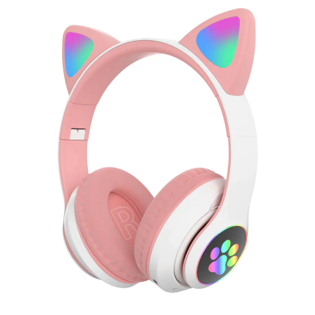 Casti audio fara fir cu Bluetooth, Iluminate LED, Microfon Incorporat, Pliabile, Roz, Urechi de pisica