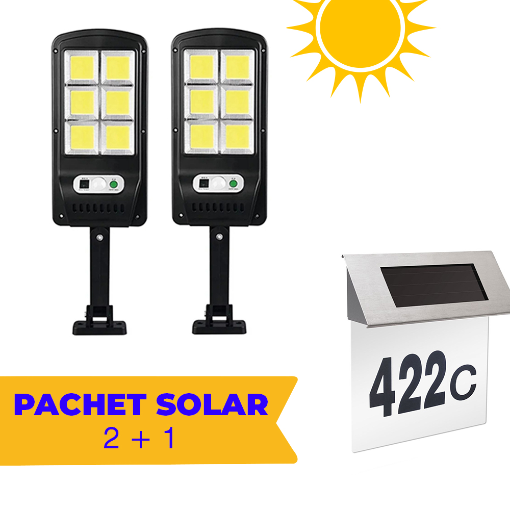 Pachet Solar 2+1: 2 x Lampi Solare 96 LED COB cu Telecomanda + Numar pentru Casa cu Iluminare Solara LED