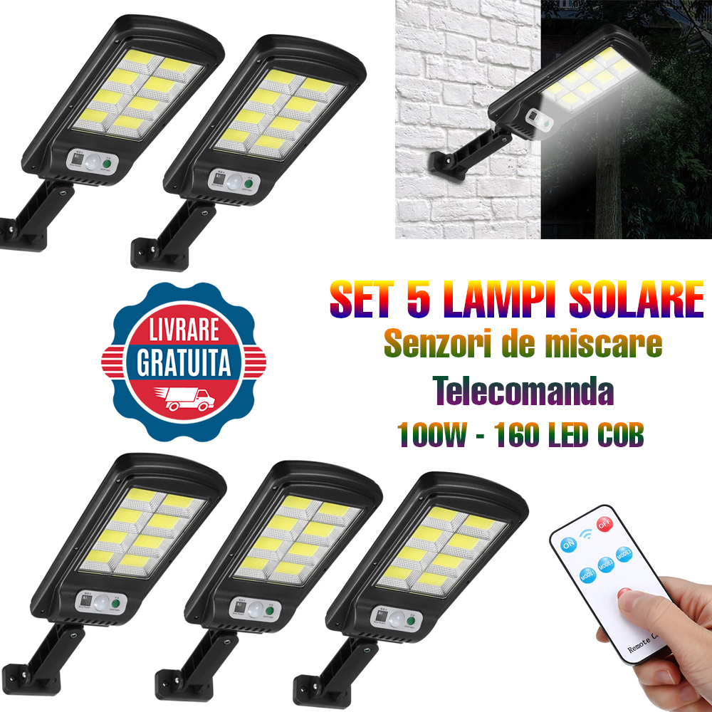 Set 5 Lampi Solare cu senzori de miscare telecomanda 100W 160 LED