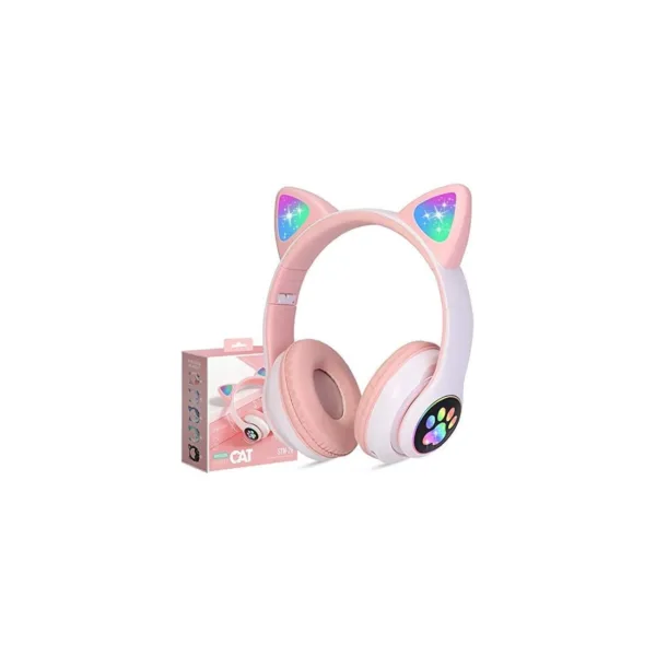 Casti pentru copii, audio fara fir, cu Bluetooth, Iluminate LED, Microfon Incorporat, Pliabile, Roz, Urechi de pisica - imagine 2