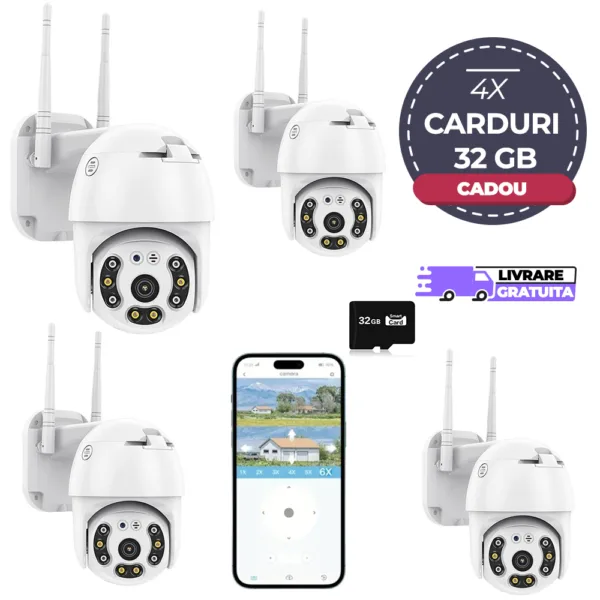 4 x Camere Supraveghere Wireless, V380 Pro, Infrarosu, Senzor Miscare, Microfon, Speaker, 4 carduri 32GB Incluse