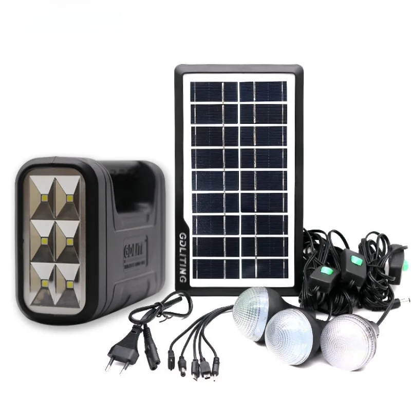 Kit Sistem de Iluminare Solara, Portabil cu panou Fotovoltaic, LED, 3 x Becuri, Lanterna, Iesire USB, Incarcator __