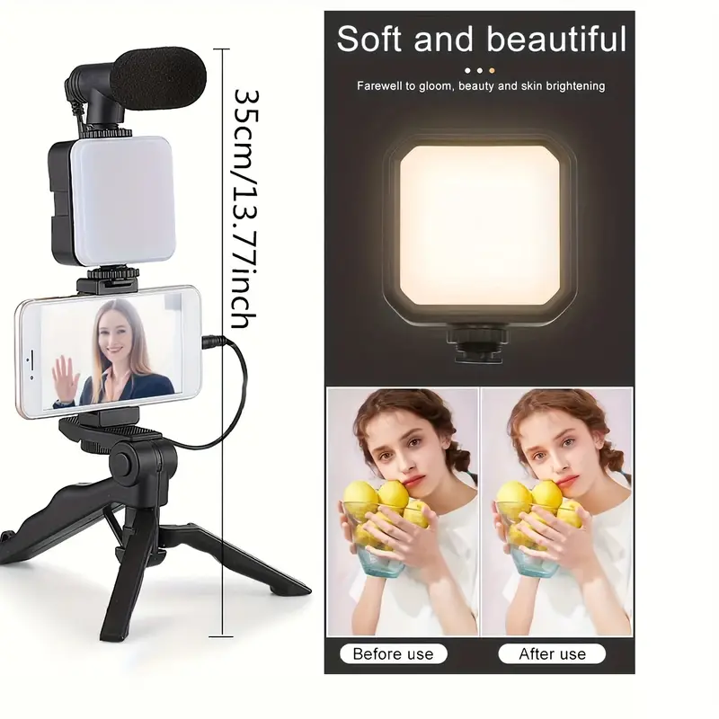 Kit Video Vlogging, Streaming, Twitch, Tiktok, Streamlabs, cu trepied, lampa LED, microfon si suport pentru telefon mobil-dimensiuni