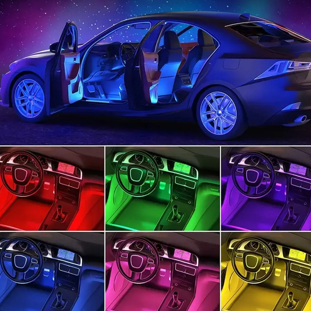Kit x 4 buc Lumini interioare LED pentru masina, 8 Culori, Ambiental, Telecomanda, Bluetooth