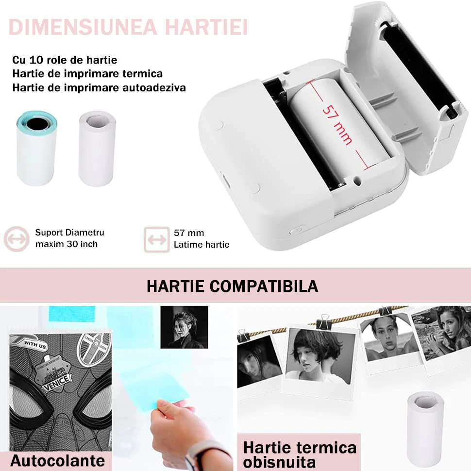 Mini Imprimanta Foto-Sticker, Text, portabila cu conectare telefon prin Bluetooth + 1 Rola