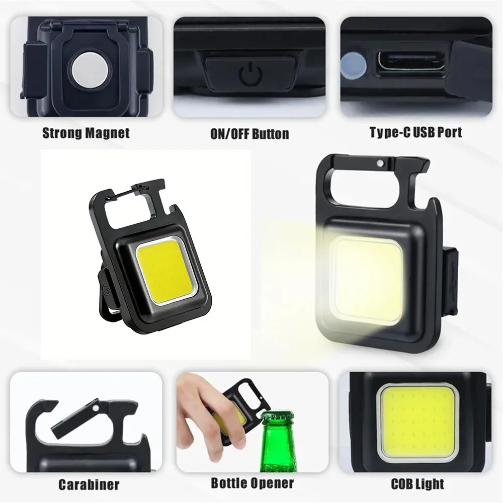 Mini lanterna Breloc LED COB, reincarcabila, 4 x moduri de iluminare, ideala pentru camping, drumetii, situatii de urgenta, echipata cu desfacator de sticle si alimentare prin USB-