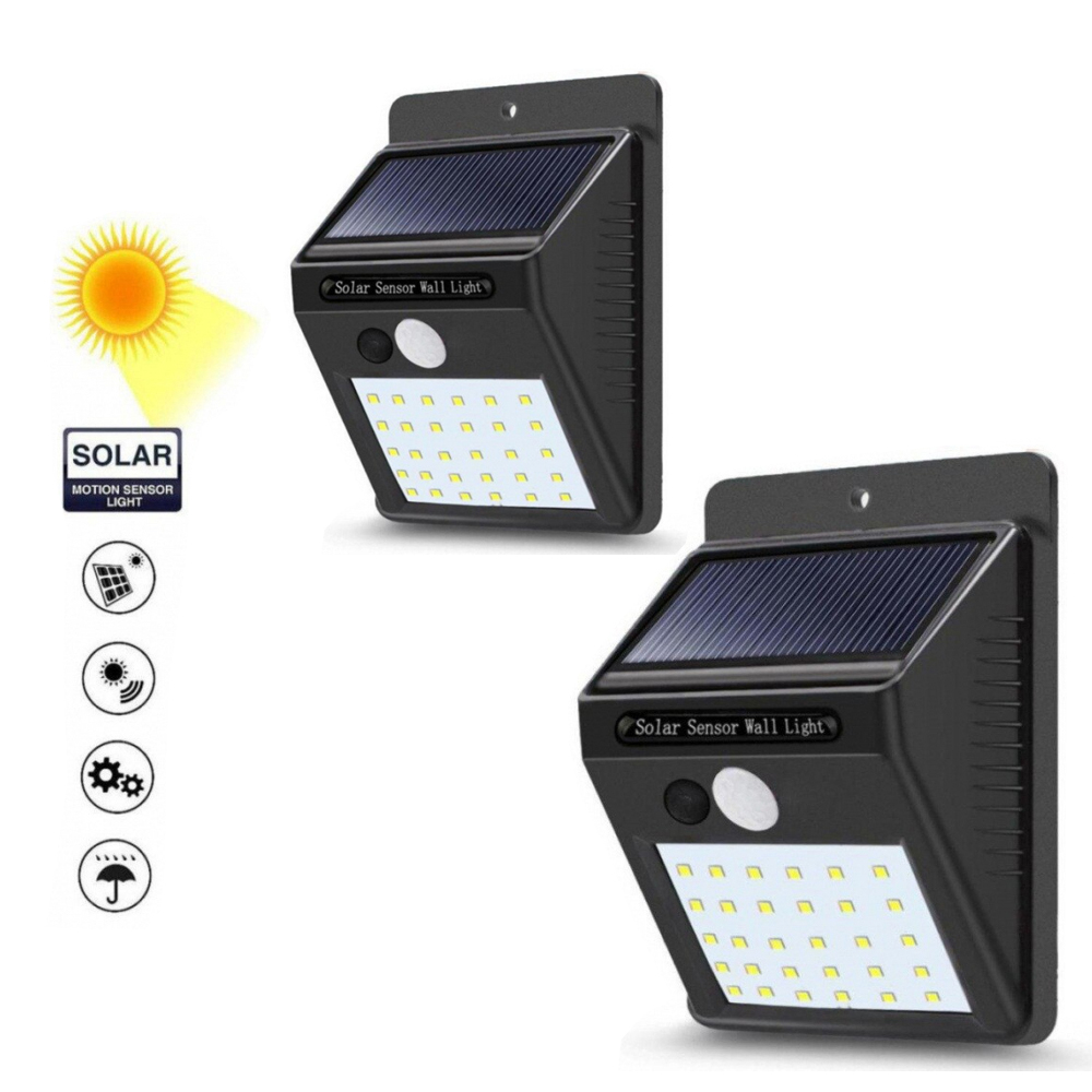 Set 2 x buc Lampi Solare cu 30 LED-uri, Senzor de Miscare, Acumulator Li-Ion, 1200 mAh, Oprire Automata, IP65 Resist