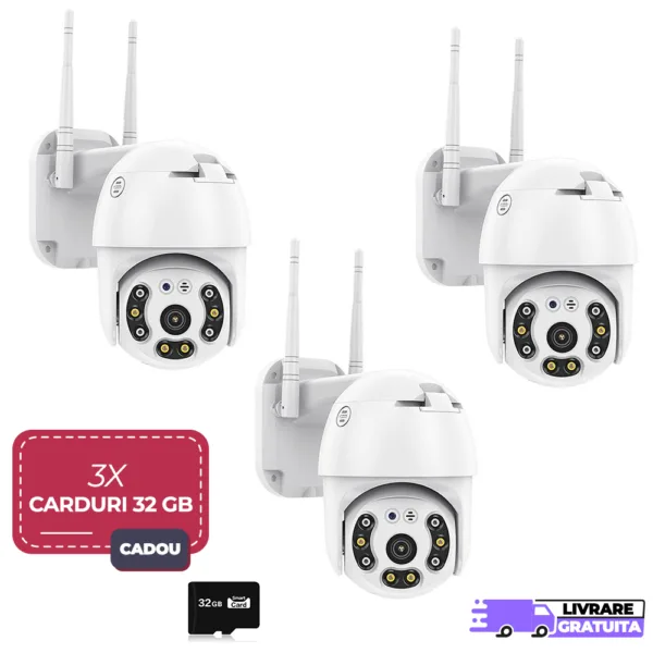 Set 3 x Camere Supraveghere Wireless, V380 Pro, Infrarosu, Senzor Miscare, Microfon, Speaker, 3 carduri 32GB Incluse