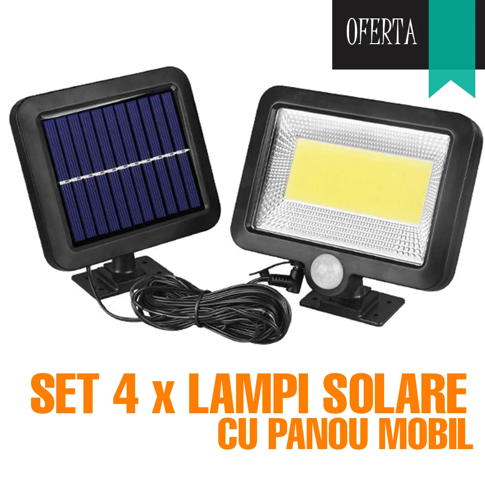 Set 4 x Lampi Solare cu senzor de miscare, 50 LED, COB cu Panou Solar Mobil